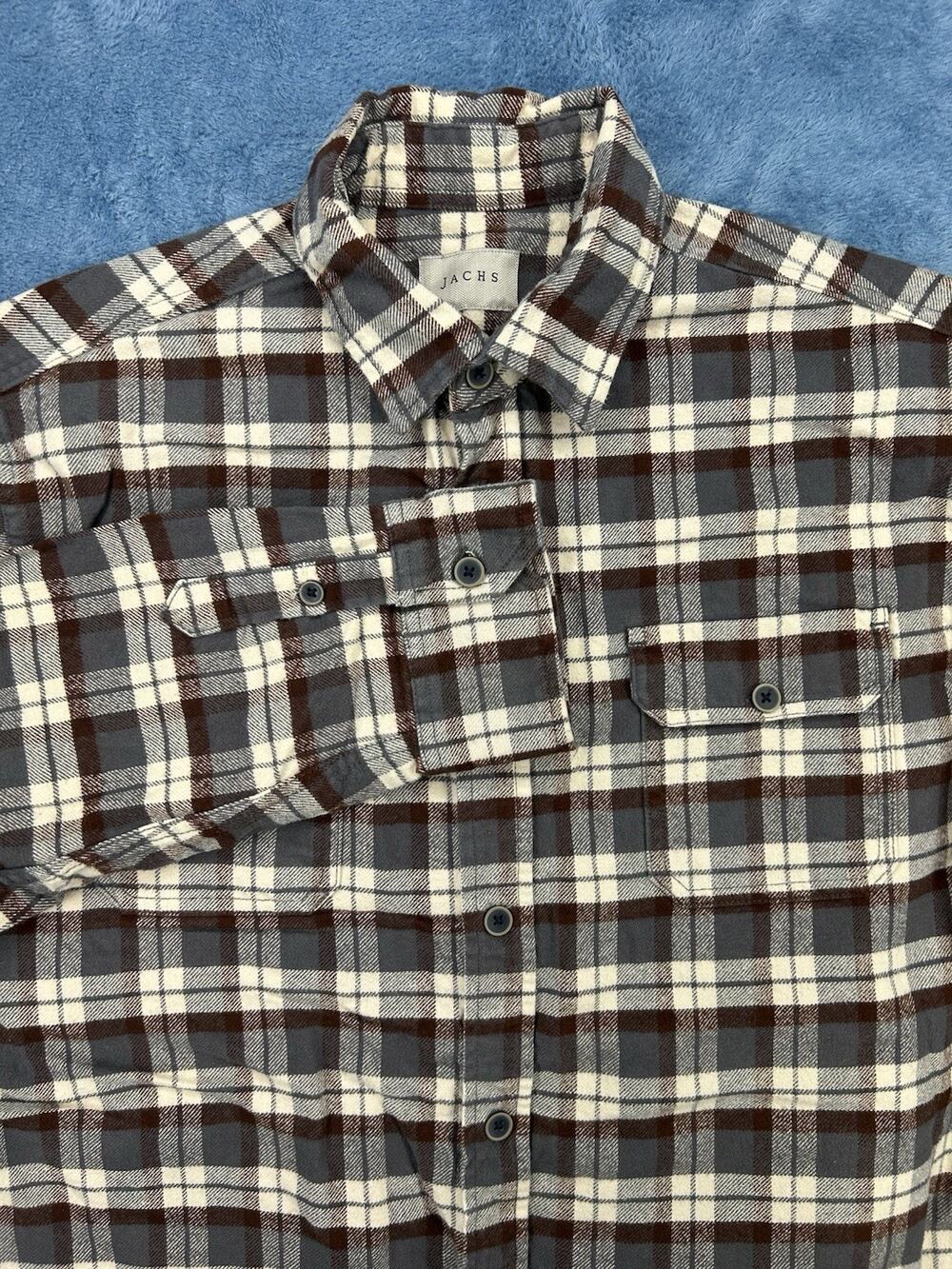 Jachs Flannel Shirt Mens L Brown White Plaid Heritage Heavy Cotton Pockets